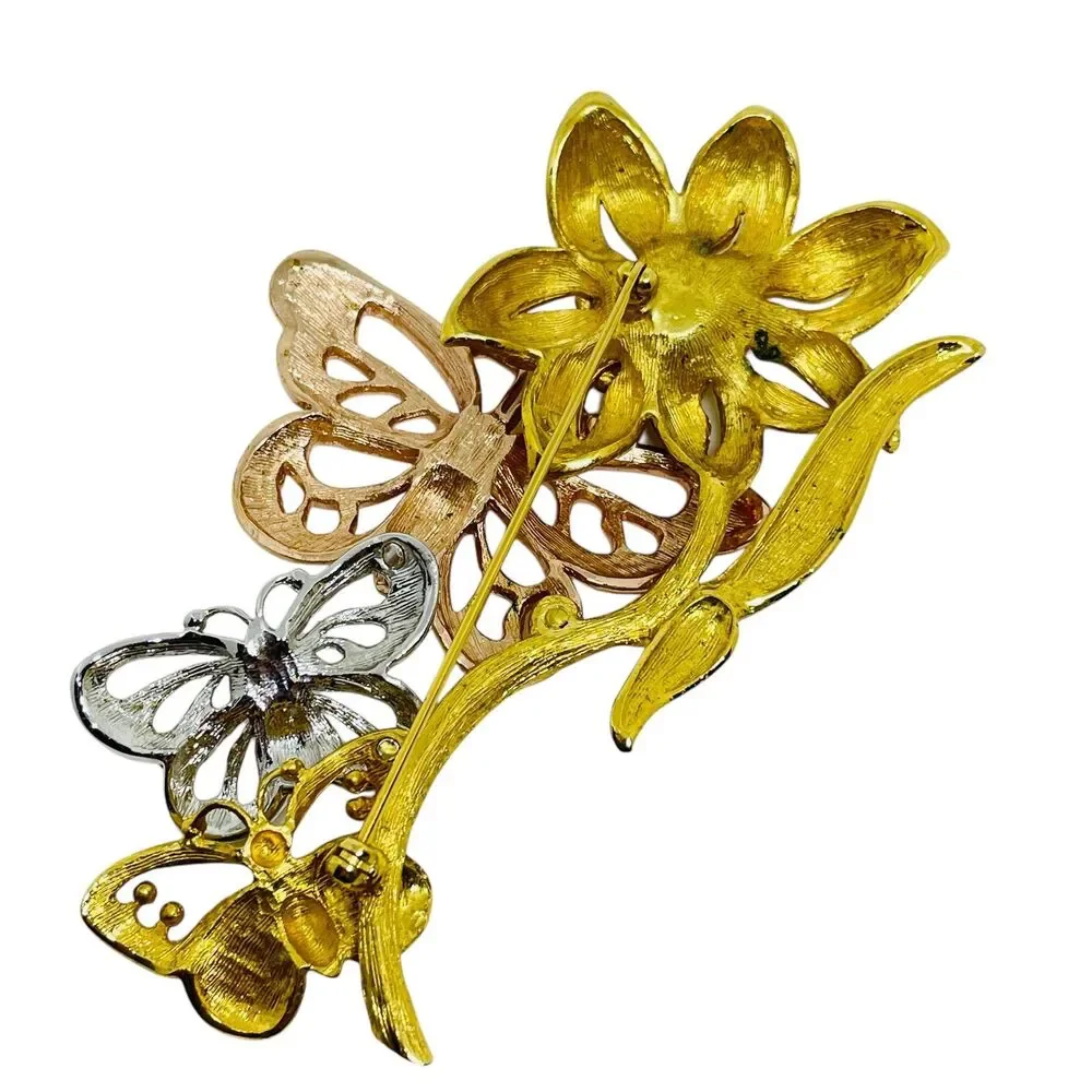 Vintage gold silver tone rhinestone flower butterflies designer brooch